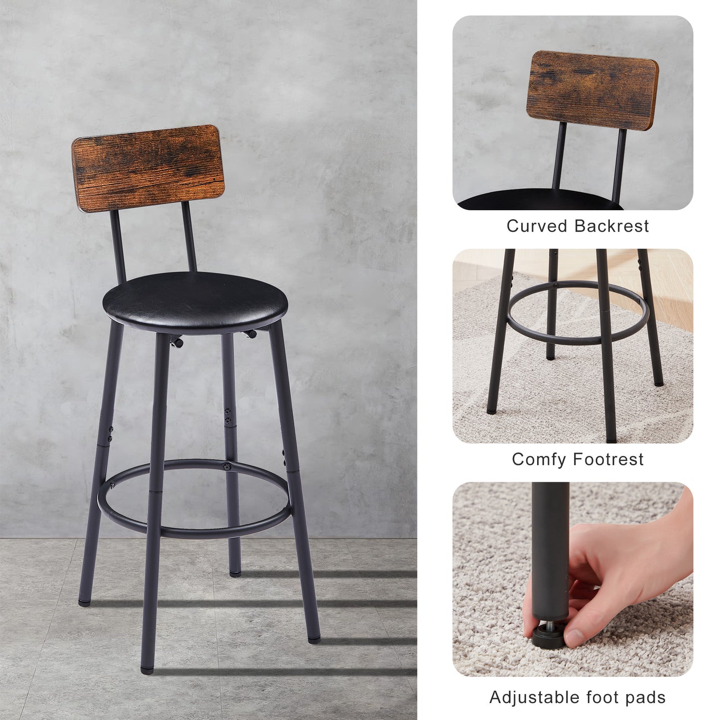 Round bar stool set with shelf, upholstered stool with backrest, Rustic Brown, 23.62'' W x 23.62'' D x 35.43'' H