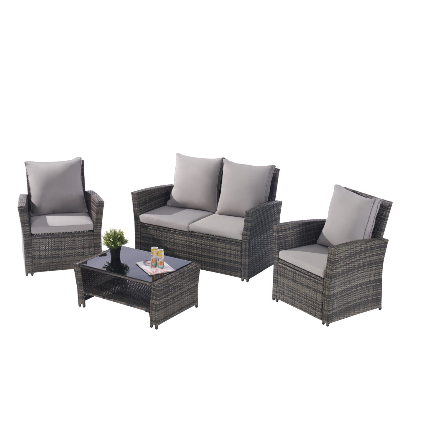 4 Pieces Outdoor Patio Furniture Sets Garden Rattan Chair Wicker Set, Poolside Lawn Chairs with Tempered Glass Coffee Table Porch Furniture