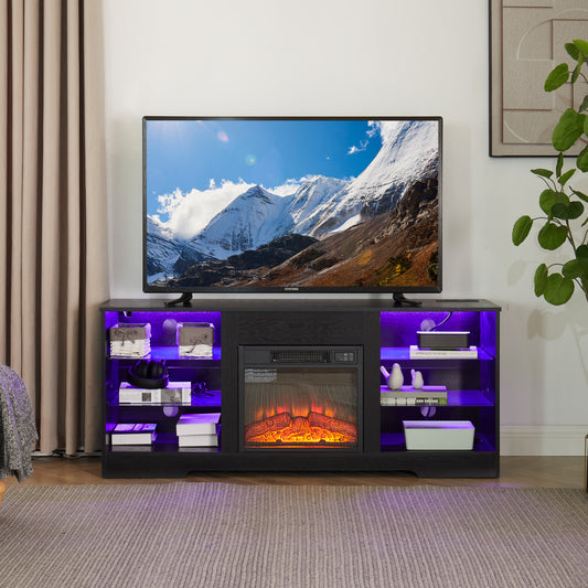 TV Stand Electric Fireplace TV Stand with Glass Shelves, 3D Fireplace TV Stand with LED Lights Wood with USB Charging Outlet Modern Television Table Center for TV up to 32-62" Black 58''W*15.5''D*24.4