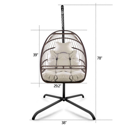 Swing Egg Chair with Stand Indoor Outdoor Wicker Rattan Patio Basket Hanging Chair with C Type bracket , with cushion and pillow,Patio Wicker folding Hanging Chair( Special construction cup holder