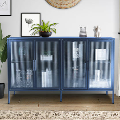 Stylish 4-Door Tempered Glass Cabinet with 4 Glass Doors Adjustable Shelf and Feet Anti-Tip Dust-free Fluted Glass Kitchen Credenza Blue