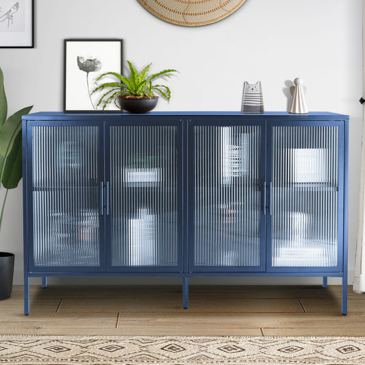 Stylish 4-Door Tempered Glass Cabinet with 4 Glass Doors Adjustable Shelf and Feet Anti-Tip Dust-free Fluted Glass Kitchen Credenza Blue