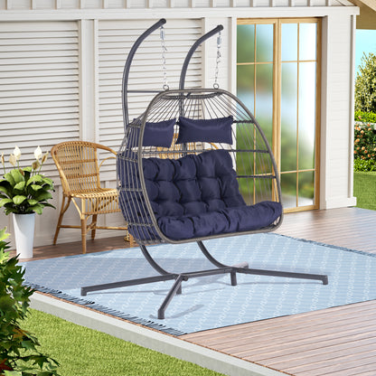 2 Person Outdoor Rattan Hanging Chair Patio Wicker Egg Chair