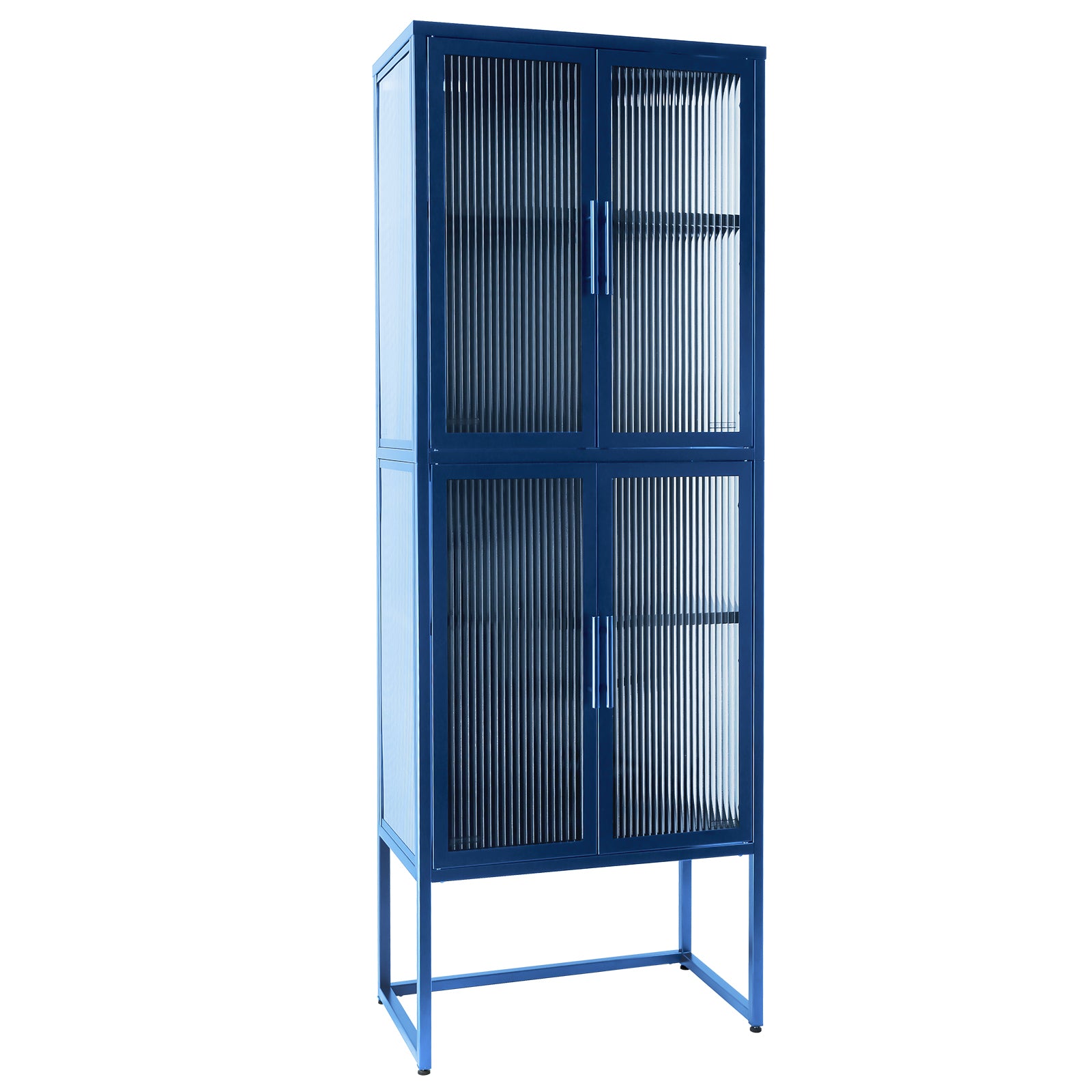Stylish 4-Door Tempered Glass Cabinet with 4 Glass Doors Adjustable Shelves U-Shaped Leg Anti-Tip Dust-free Fluted Glass Kitchen Credenza Blue