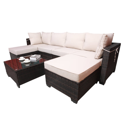 Outdoor Garden Patio Furniture 7-Piece PE Rattan Wicker Cushioned Sofa Sets  and Coffee Table, patio furniture set;outdoor couch;outdoor couch patio furniture;outdoor sofa;patio couch