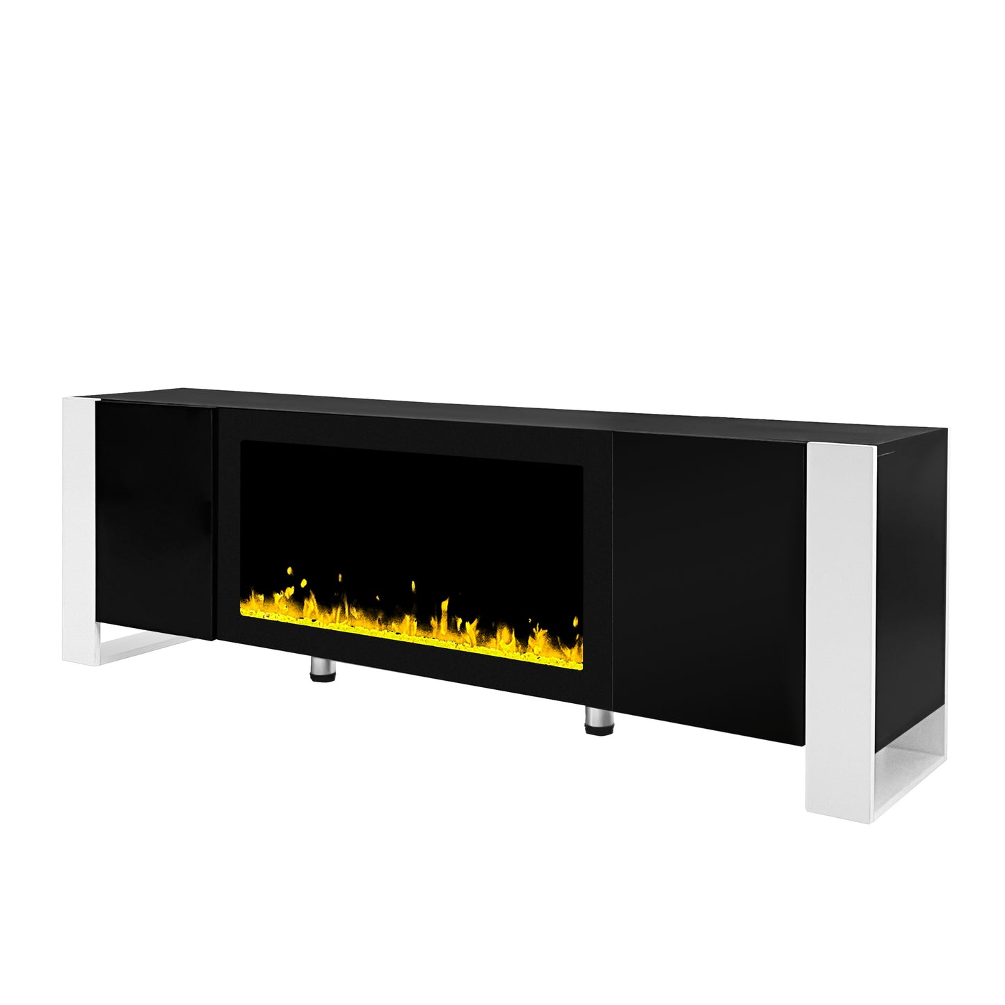 ON-TREND Modern TV Stand with 34.2" Non-heating Electric Fireplace, High Gloss Entertainment Center with 2 Cabinets, Media Console for TVs up to 78", Black