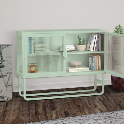 Stylish Tempered Glass Cabinet Credenza with 2 Fluted Glass Doors Adjustable Shelf U-shaped Leg Anti-Tip Dust-free Enclosed Cupboard for Kitchen Living Room Light Green