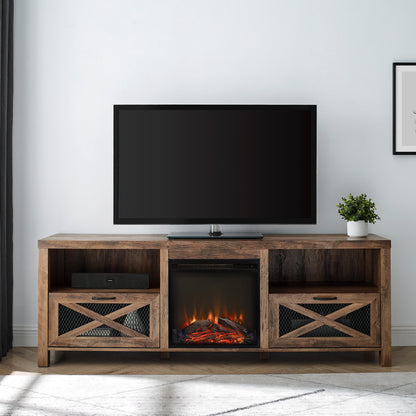 Industrial Farmhouse Metal Mesh Drop-Down X-Door 70" Fireplace TV Stand for 80" TVs - Rustic Oak