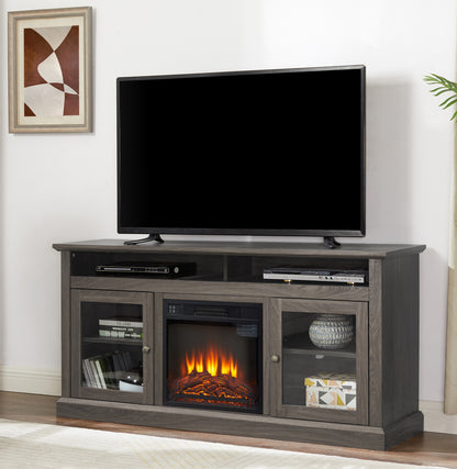 Contemporary TV Media Stand Modern Entertainment Console with 18" Fireplace Insert for TV Up to 65" with Open and Closed Storage Space, Dark Walnut/Black, 60"W*15.75"D*29"H