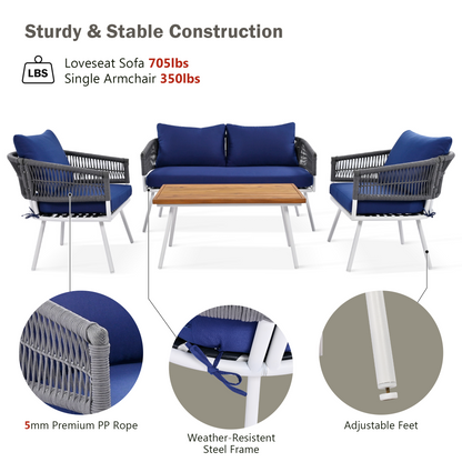 4-Piece Boho Rope Patio Furniture Set, Outdoor Furniture with Acacia Wood Table, Patio Conversation Set with Deep Seating & Thick Cushion for Backyard Porch Balcony, Navy Blue