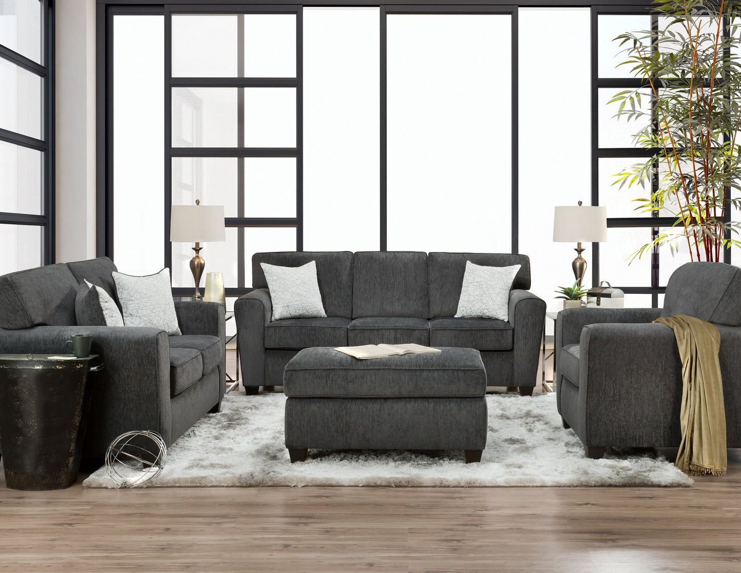 Tight Back Charcoal Gray Sofa and Loveseat