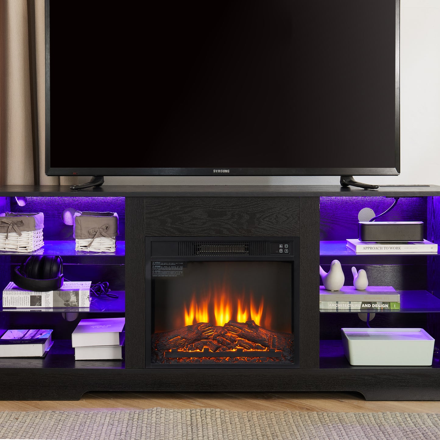 TV Stand Electric Fireplace  Glass Shelves, 3D Fireplace TV Stand with LED Lights Wood with USB Charging Outlet Modern Television Table Center for TV up to 62" Black 58''W*15.5''D*24.4