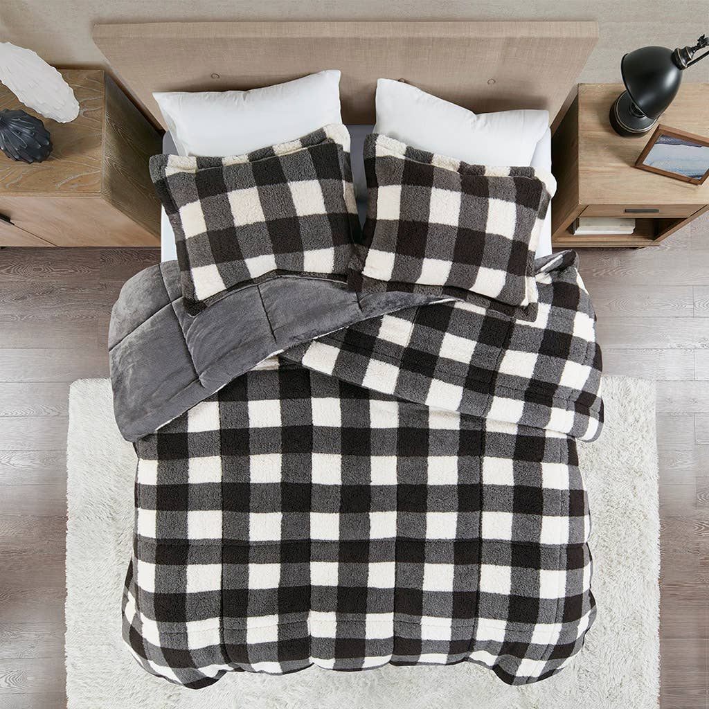 Sherpa Black & White Buffalo Check 3-Piece Queen Size Comforter Set