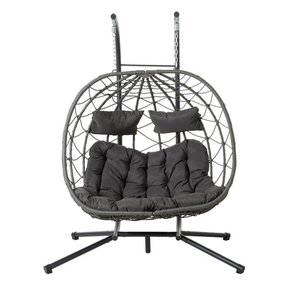 2 Persons Egg Chair with Stand Indoor Outdoor Swing Chair Patio Wicker Hanging Egg Chair Hanging Basket Chair with Stand for Bedroom Living Room Balcony