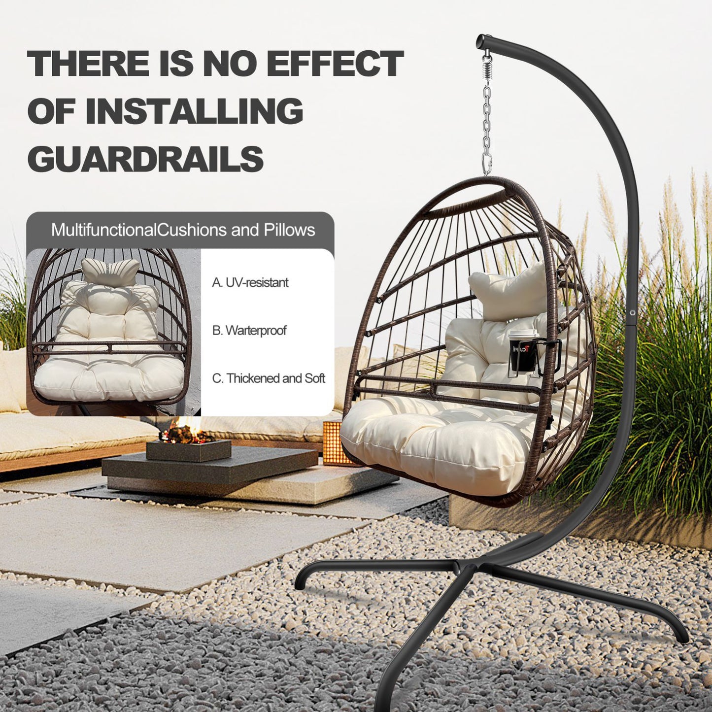 Swing Egg Chair with Stand Indoor Outdoor Wicker Rattan Patio Basket Hanging Chair with C Type bracket , with cushion and pillow,Patio Wicker folding Hanging Chair( Special construction cup holder