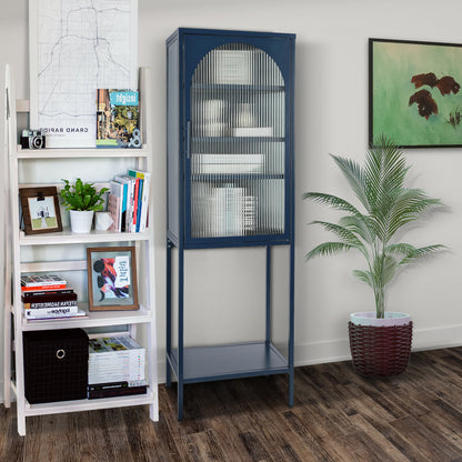 Stylish Tempered Glass High Cabinet with Arched Door Adjustable Shelves and Feet Anti-Tip Dust-free Fluted Glass Kitchen Credenza Blue