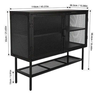 Industrial Double Door Cabinet Console Table with 2 Mesh Doors Adjustable Shelf and Feet Bottom Shelf Anti-Tip Dust-free Kitchen Credenza Sideboard Frosted Black