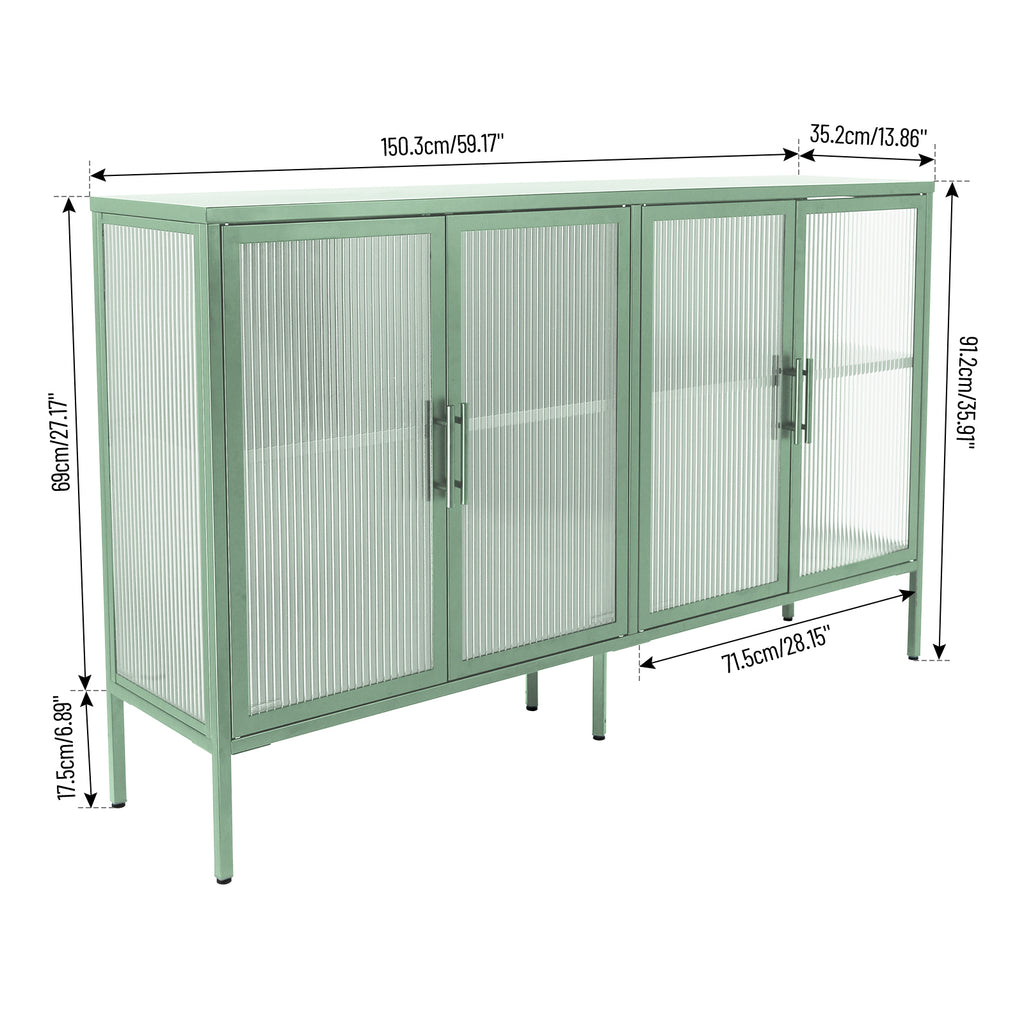 Stylish 4-Door Tempered Glass Cabinet with 4 Glass Doors Adjustable Shelf and Feet Anti-Tip Dust-free Fluted Glass Kitchen Credenza Light Green