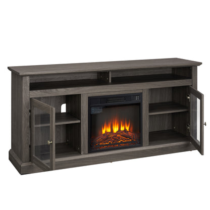 Contemporary TV Media Stand Modern Entertainment Console with 18" Fireplace Insert for TV Up to 65" with Open and Closed Storage Space, Dark Walnut/Black, 60"W*15.75"D*29"H