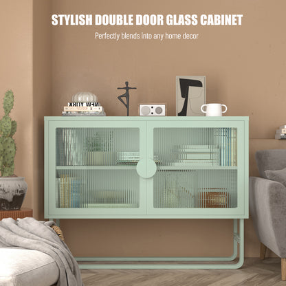 Stylish Tempered Glass Cabinet Credenza with 2 Fluted Glass Doors Adjustable Shelf U-shaped Leg Anti-Tip Dust-free Enclosed Cupboard for Kitchen Living Room Light Green