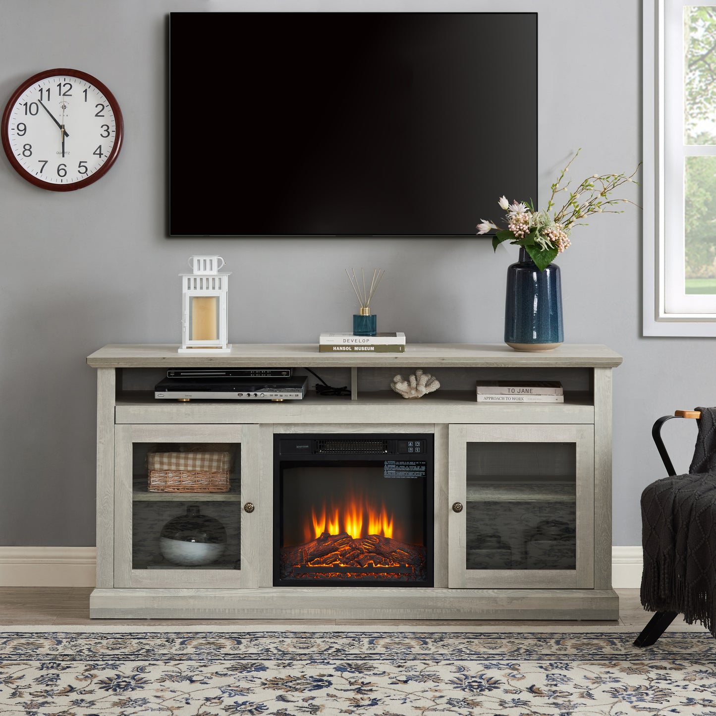 Contemporary TV Media Stand Modern Entertainment Console with 18" Fireplace Insert for TV Up to 65" with Open and Closed Storage Space, Stone Gray, 60"W*15.75"D*29"H