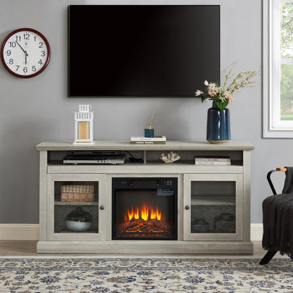 Contemporary TV Media Stand Modern Entertainment Console with 18" Fireplace Insert for TV Up to 65" with Open and Closed Storage Space, Stone Gray, 60"W*15.75"D*29"H