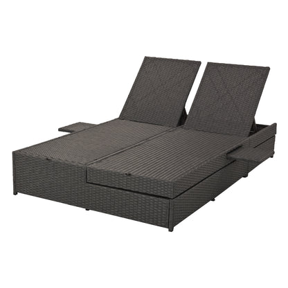 Outdoor Double Sunbed, Wicker Rattan Patio Reclining Chairs with Adjustable Backrest and Seat, Conversational Set for 2 Person, Gray