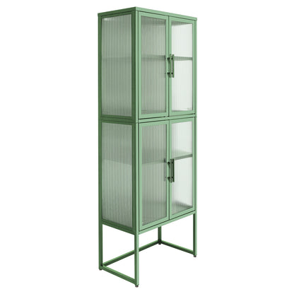 Stylish 4-Door Tempered Glass Cabinet with 4 Glass Doors Adjustable Shelves U-Shaped Leg Anti-Tip Dust-free Fluted Glass Kitchen Credenza Light Green