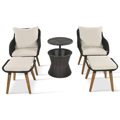 K&K 5 Pieces Patio Furniture Chair Sets, Patio Conversation Set With Wicker Cool Bar Table, Ottomans,Outdoor Furniture Bistro Sets for Porch,Backyard,Balcony,Poolside Black&Beige