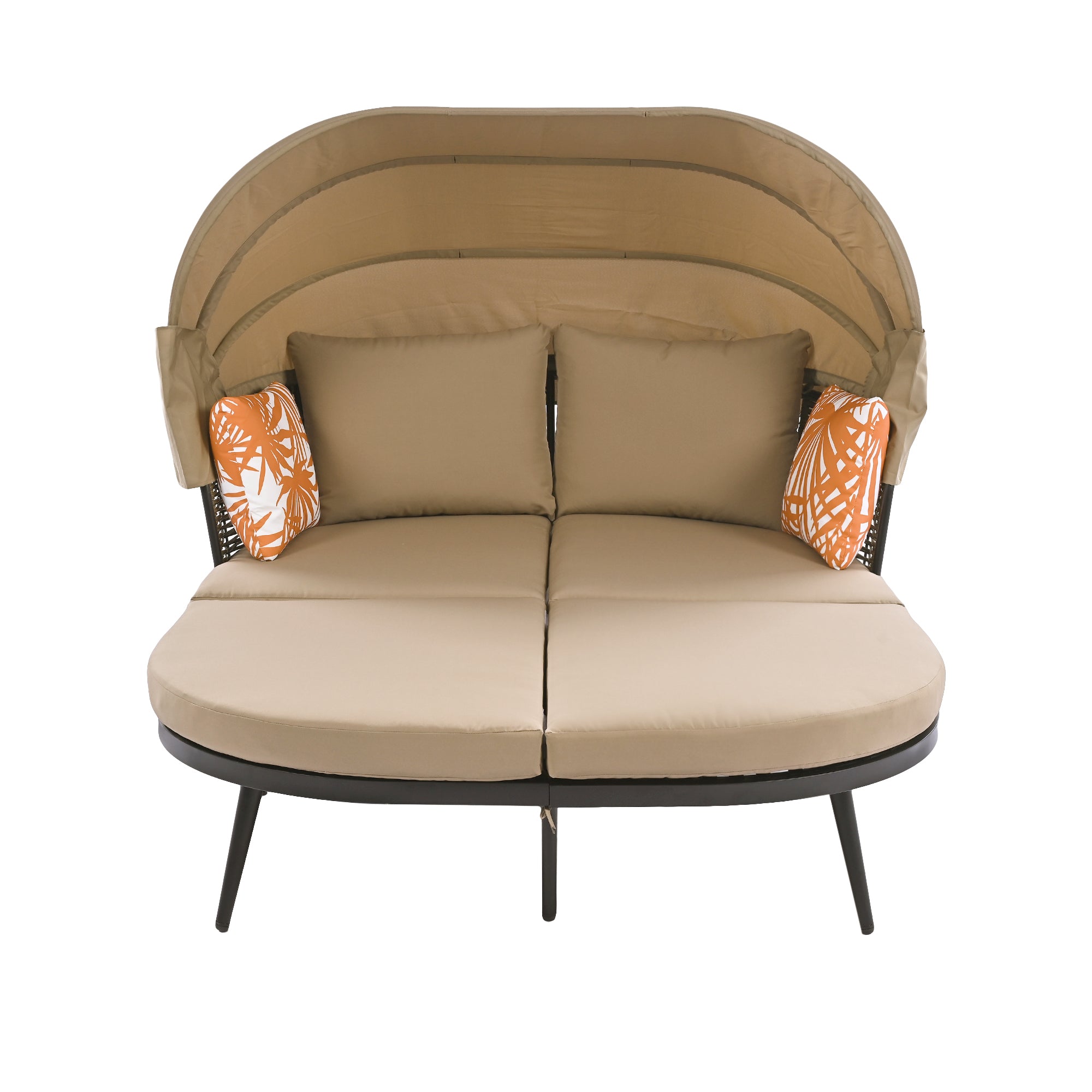 Patio Daybed with Retractable Canopy, Outdoor Rattan PE Wicker Back Loveseat Sofa Set with Throw Pillows and Cushions for Backyard, Poolside, Garden, Brown