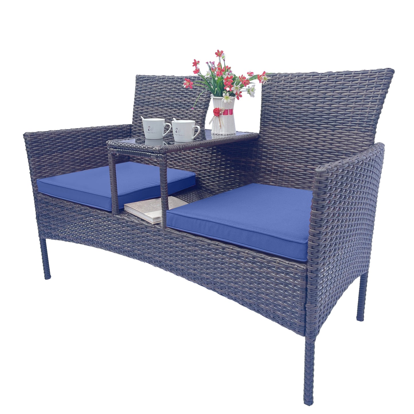 Wicker Patio Conversation Furniture Set, Outdoor Furniture Set with Removable Cushions & Table, Tempered Glass Top, Modern Rattan Bench for Garden Lawn Backyard