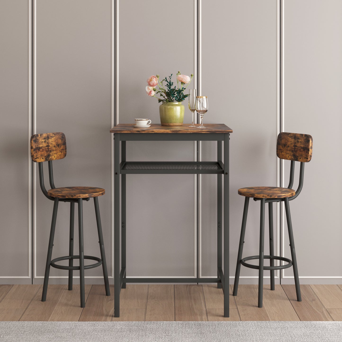 Bar table, equipped with 2 bar stools , with backrest and partition (Rustic Brown)