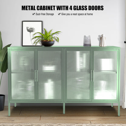 Stylish 4-Door Tempered Glass Cabinet with 4 Glass Doors Adjustable Shelf and Feet Anti-Tip Dust-free Fluted Glass Kitchen Credenza Light Green