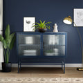Double Door Tempered Glass Sideboard Console Table with 2 Fluted Glass Doors Adjustable Shelf and Feet Anti-Tip Dust-free Kitchen Credenza Cabinet Blue