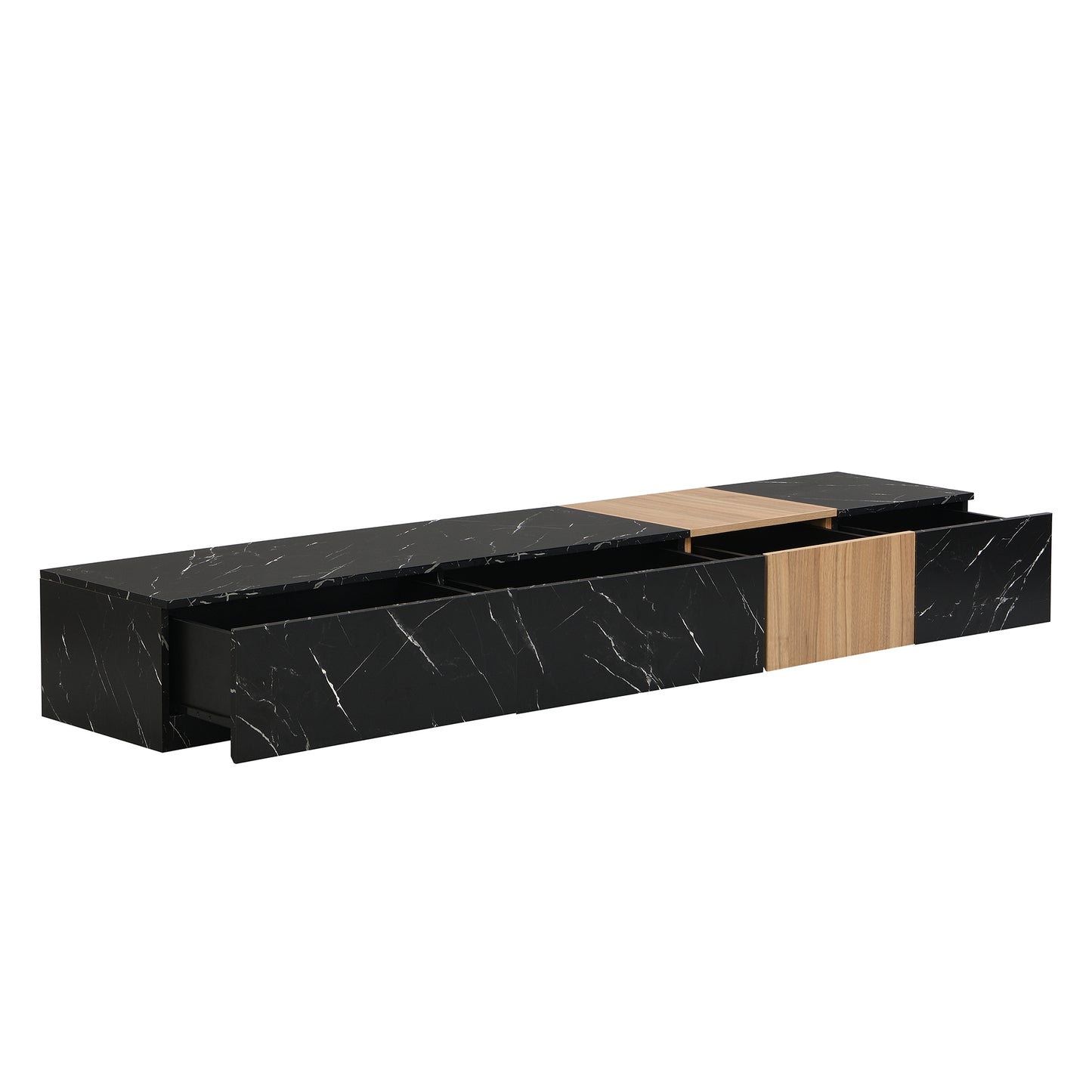 ON-TREND TV Stand with Faux Marble and Walnut Wood Grain Finish for TVs up to 88'', Modern Free-Combination Entertainment Center with 4 Storage Drawers for Living Room, Black