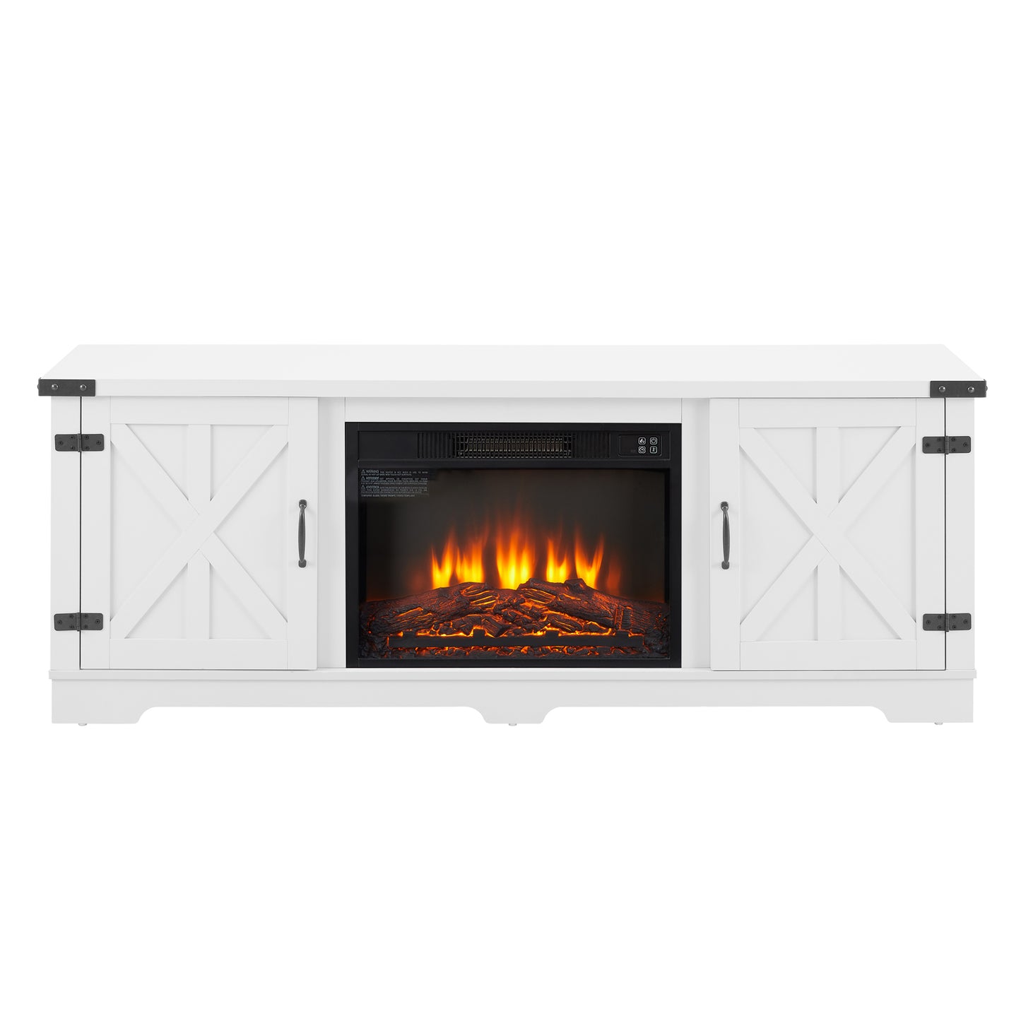 Modern Farmhouse TV Media Stand, Large Barn Inspired Home Entertainment Console, with 23" Fireplace Insert, for TV Up to 70'', with Open Shelves and Closed Cabinets, White, 64.8"W*15.67"D*24.29"H