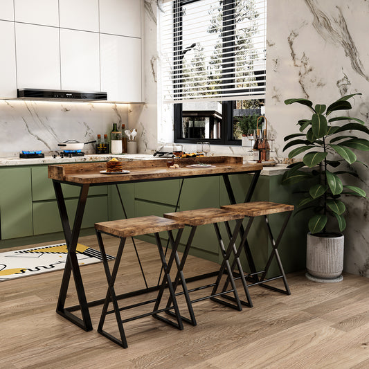 Modern Design Kitchen Dining Table, Pub Table with X-Shaped Table Legs, Long Dining Table Set with 3 Stools, Easy Assemble, Natural