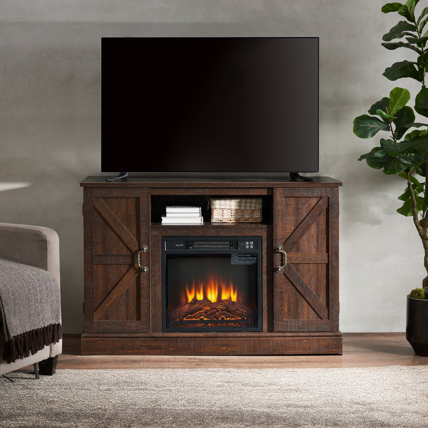 Farmhouse Classic Media TV Stand Antique Entertainment Console for TV up to 50" with 18" Electric Fireplace Insert with Open and Closed Storage Space, Espresso 47"W*15.5"D*30.75"H