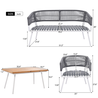 4-Piece Boho Rope Patio Furniture Set, Outdoor Furniture with Acacia Wood Table, Patio Conversation Set with Deep Seating & Thick Cushion for Backyard Porch Balcony, Navy Blue