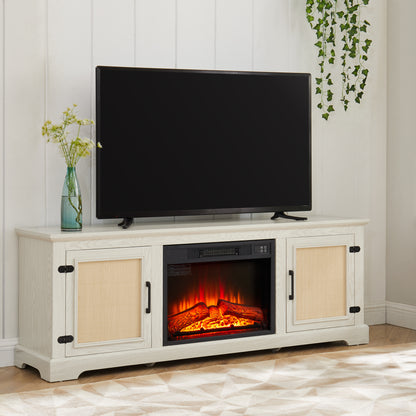 Natural Rattan Door Cabinet with Adjustable Shelf Wood, Farmhouse Rattan TV Stand Console Table for TVs up to 70 Inches, Storage tv stand with 23" fireplace insert, 65"W*15.55"D*23.86"H, White