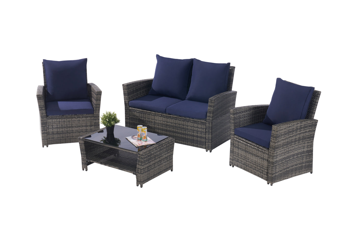 4 Pieces Outdoor Patio Furniture Sets Garden Rattan Chair Wicker Set, Poolside Lawn Chairs with Tempered Glass Coffee Table Porch Furniture,  Gray Rattan +  Dark Blue color Cushion