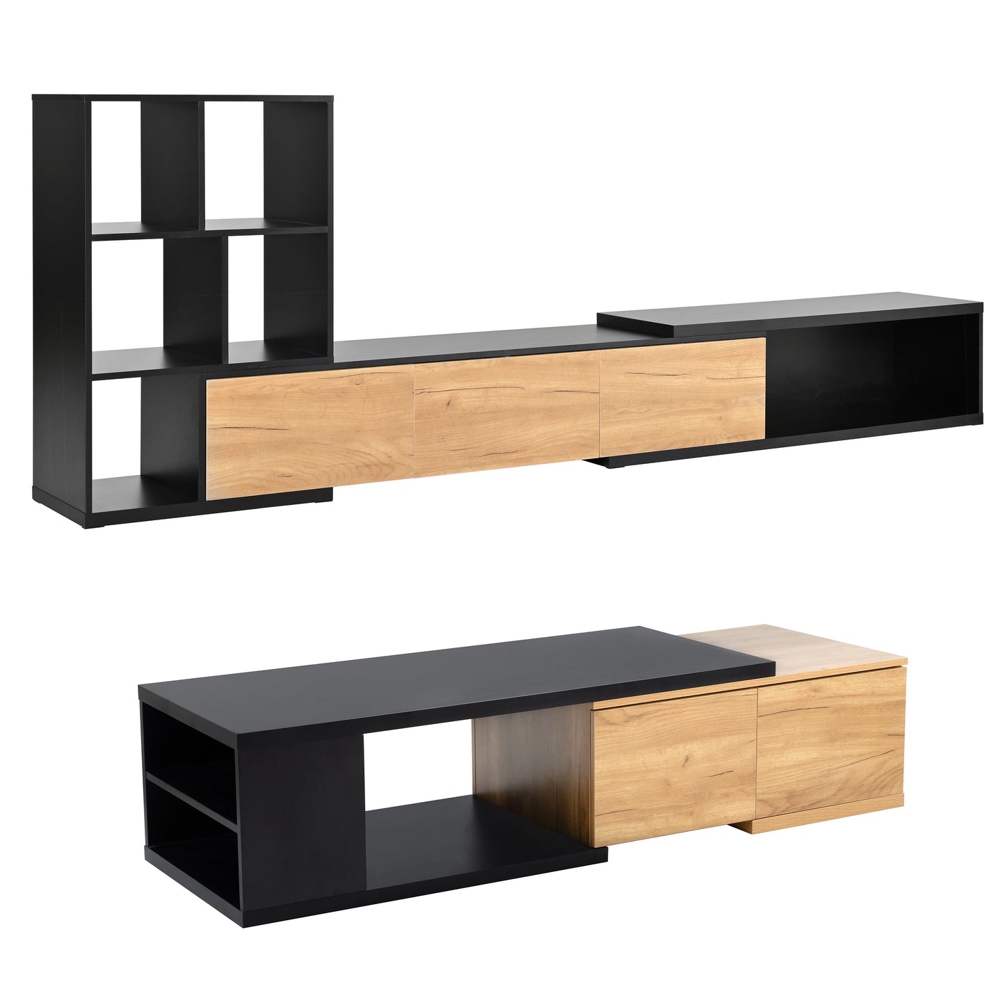 ON-TREND Extendable TV Stand and Coffee Table, Set of 2, Media Console with 3 Tier Bookshelves for TVs up to 110'', Dual-tone Center Table with Sliding Tabletop for Living Room, Black