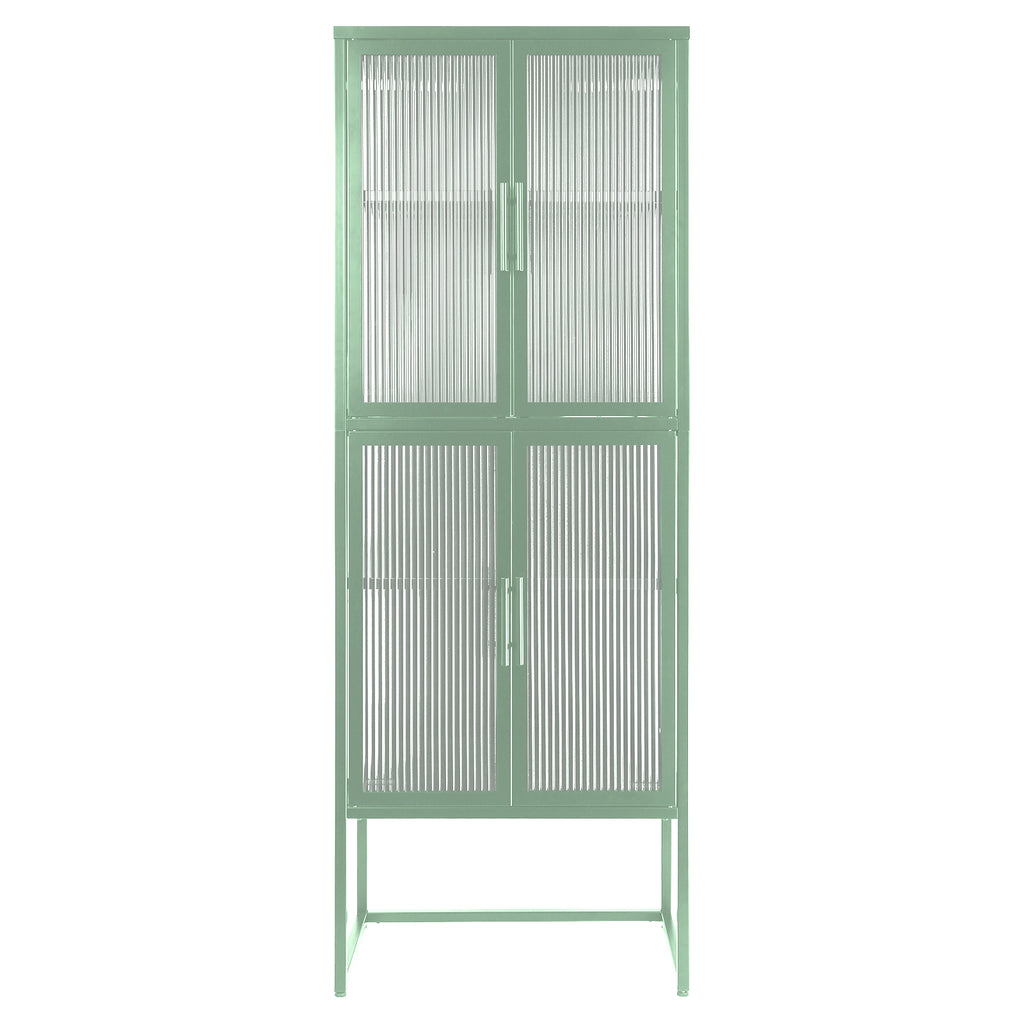 Stylish 4-Door Tempered Glass Cabinet with 4 Glass Doors Adjustable Shelves U-Shaped Leg Anti-Tip Dust-free Fluted Glass Kitchen Credenza Light Green