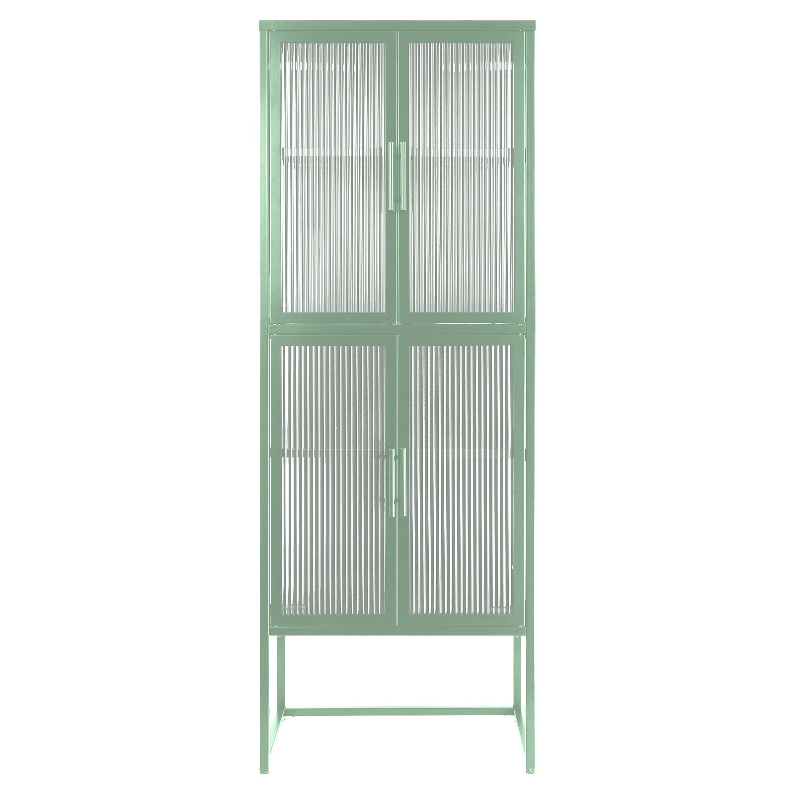 Stylish 4-Door Tempered Glass Cabinet with 4 Glass Doors Adjustable Shelves U-Shaped Leg Anti-Tip Dust-free Fluted Glass Kitchen Credenza Light Green