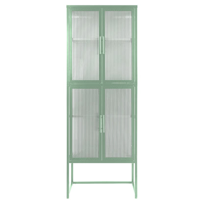 Stylish 4-Door Tempered Glass Cabinet with 4 Glass Doors Adjustable Shelves U-Shaped Leg Anti-Tip Dust-free Fluted Glass Kitchen Credenza Light Green