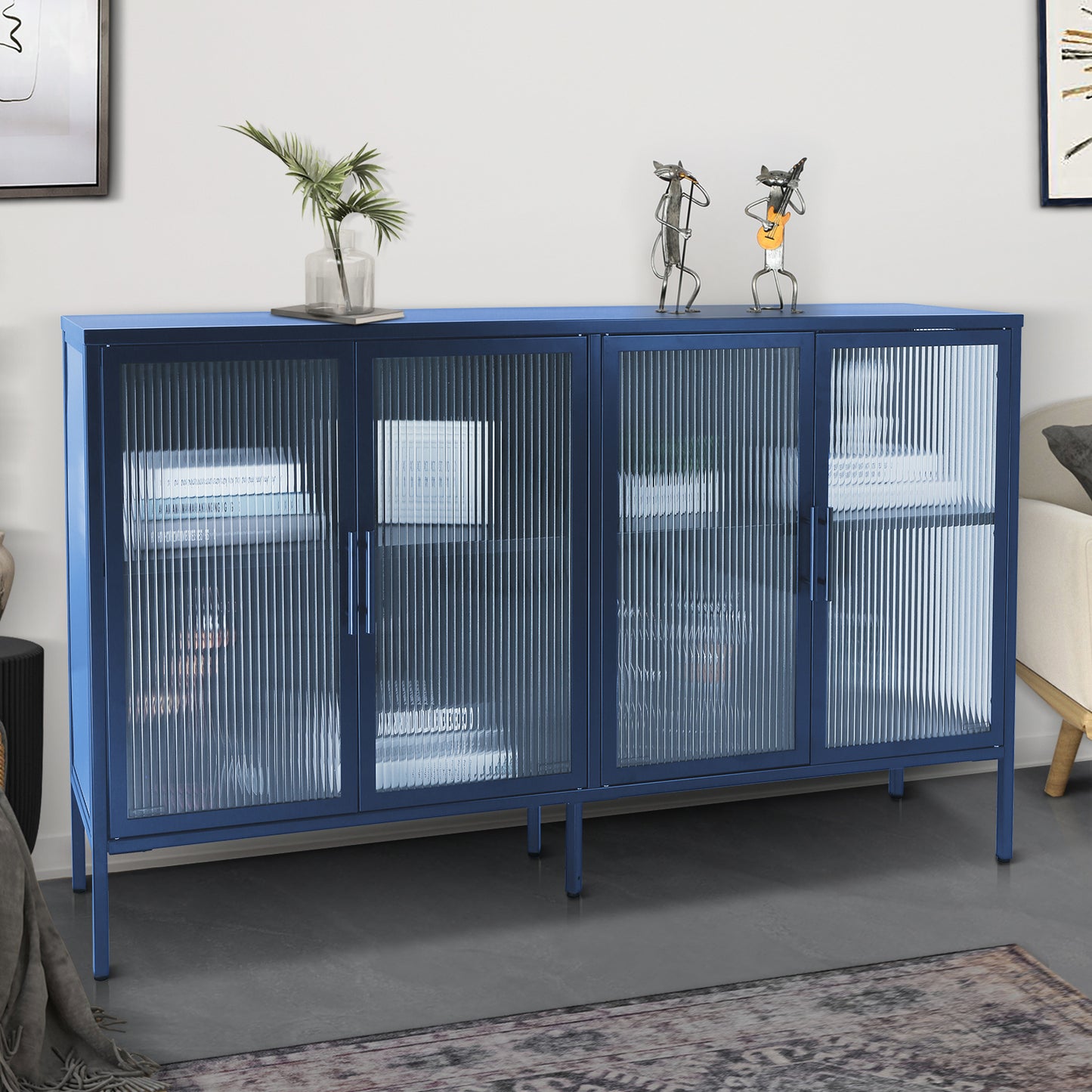 Stylish 4-Door Tempered Glass Cabinet with 4 Glass Doors Adjustable Shelf and Feet Anti-Tip Dust-free Fluted Glass Kitchen Credenza Blue