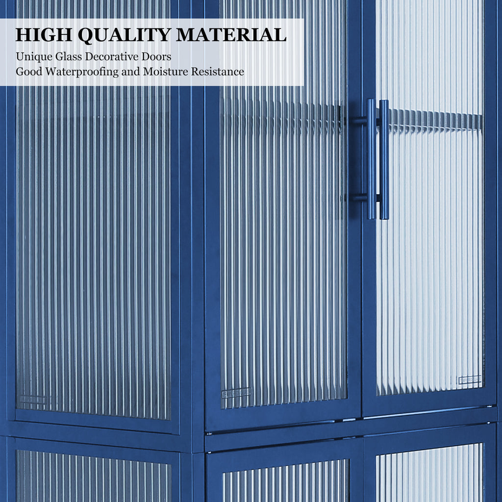 Stylish 4-Door Tempered Glass Cabinet with 4 Glass Doors Adjustable Shelves U-Shaped Leg Anti-Tip Dust-free Fluted Glass Kitchen Credenza Blue