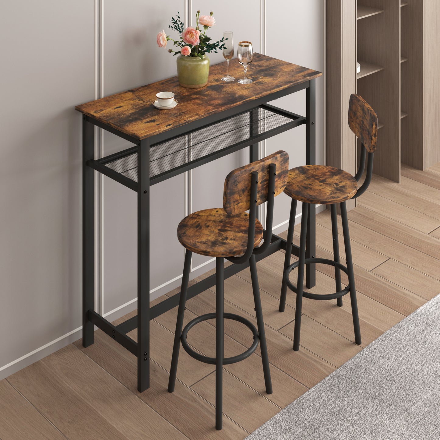 Bar table, equipped with 2 bar stools , with backrest and partition (Rustic Brown)