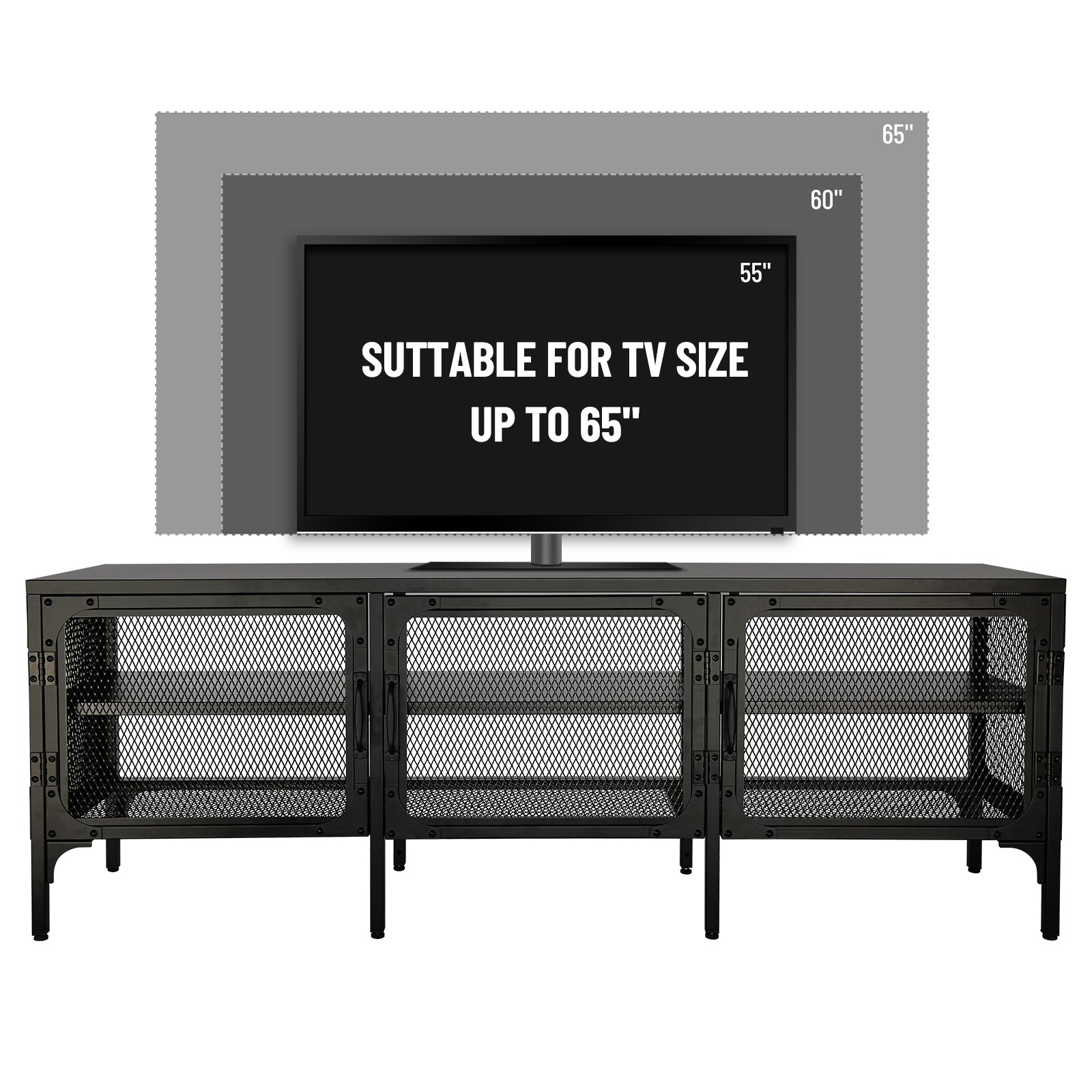 Metal TV Stand Entertainment Center Cabinet TV Console Table with 3 Metal Mesh Doors 2-Tier Storage Shelves for Living Room Frosted Black