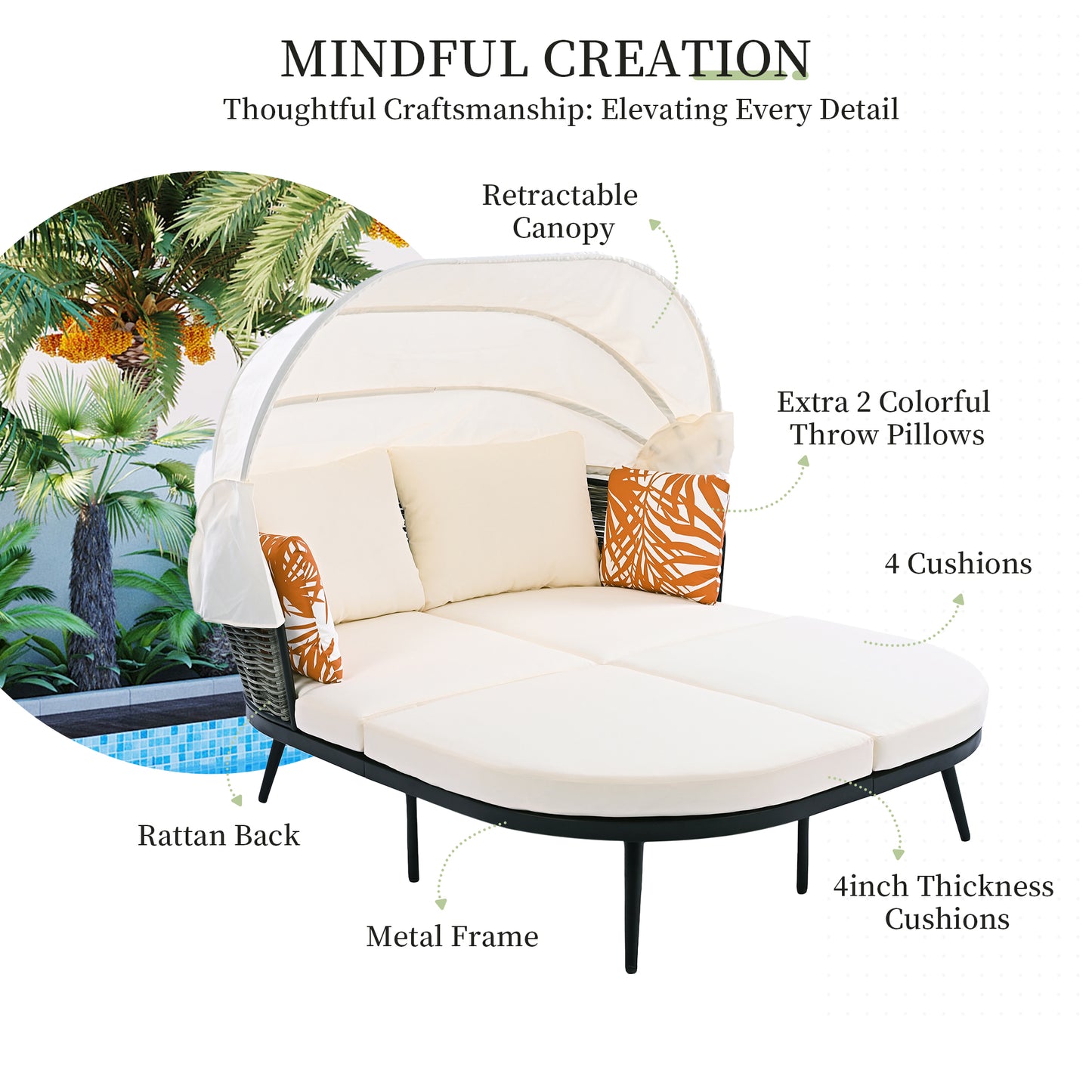 Daybed with Retractable Canopy, Outdoor Rattan PE Wicker Back Loveseat Sofa Set with Throw Pillows and Cushions for Backyard, Poolside, Garden, Beige